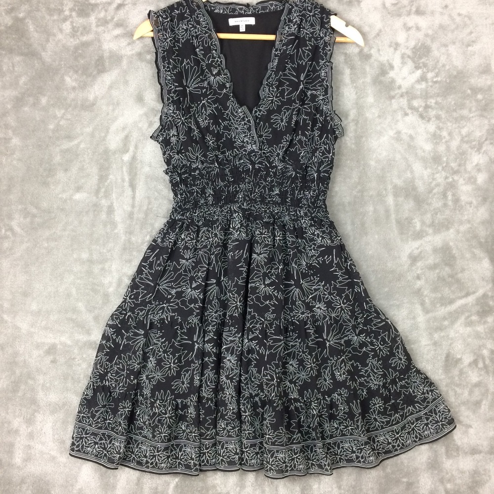 Max Studio Midi Dress Womens Medium Black Floral V-Neck Smocked Waist